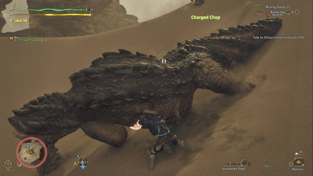 Łowca w Monster Hunter Wilds, który wykonuje atak pędu z mieczem i tarczą