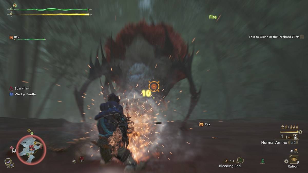 Łowca w Monster Hunter Wilds za pomocą normalnej amunicji z lekkim Bowgun przeciwko Lala Barina