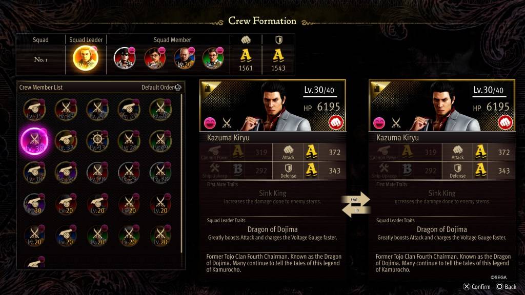 The Crew Formation stat screen for Kazuma Kiryu in Like a Dragon: Pirate Yakuza in Hawaii