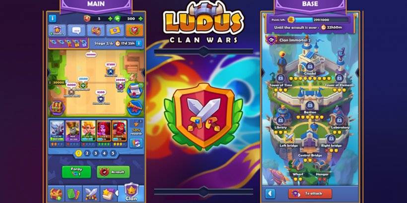 Một ảnh chụp màn hình của Ludus: Merge Arena thể hiện cơ học Wars Wars mới trong hai ảnh chụp màn hình điện thoại riêng biệt