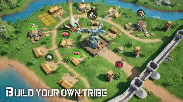 Uma aldeia improvisada com uma muralha a rodeá-la a ser atacada por dinossauros