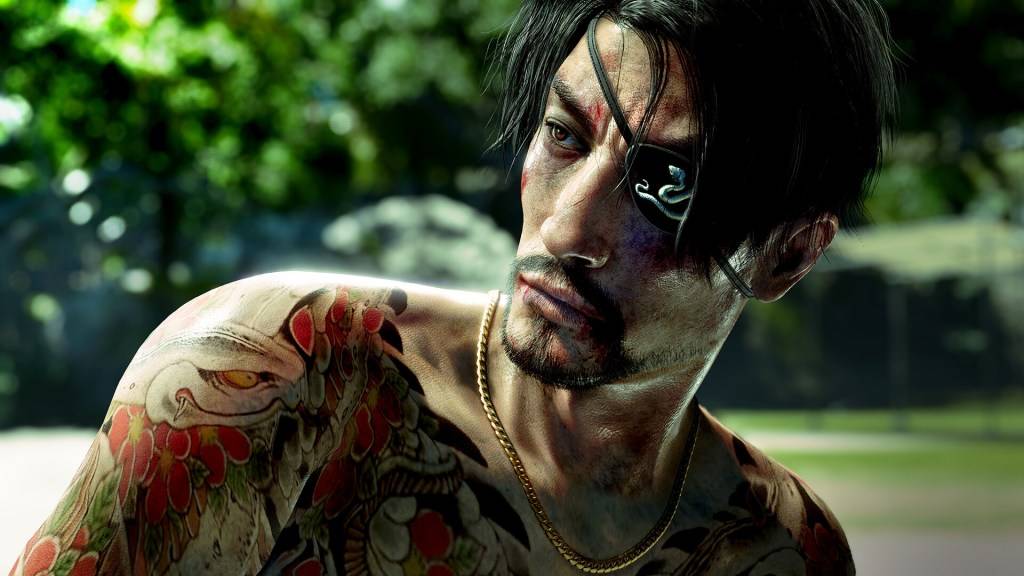 Goro Majima standing amidst tropical foliage in Like a Dragon: Pirate Yakuza in Hawaii