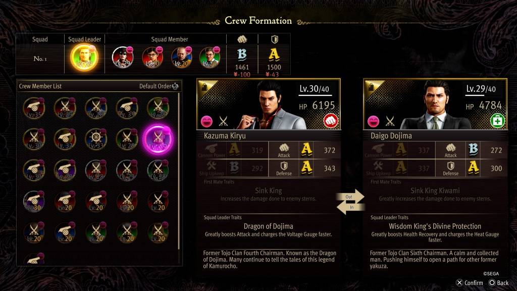 The Crew Formation stat screen for Daigo Dojima in Like a Dragon: Pirate Yakuza in Hawaii